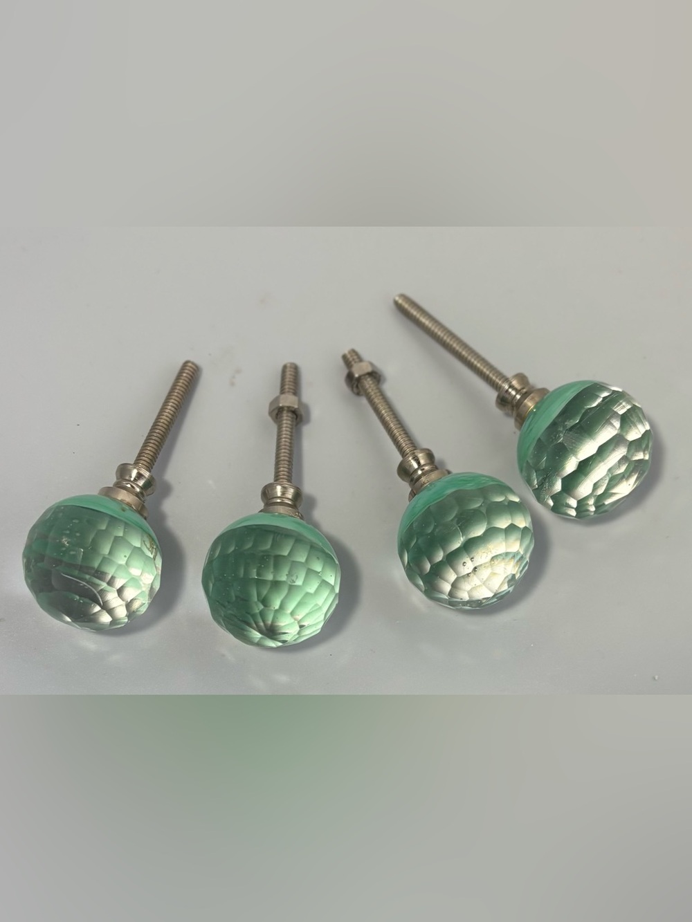 Set of 4 light catching faceted Glass Cabinet Knobs with Mint green base